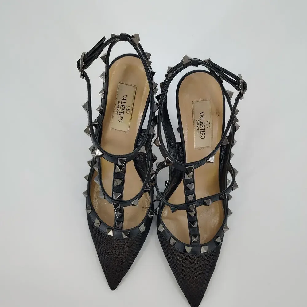 Valentino Garavani Mesh Rockstud Cage T-Strap Pumps Black Size 38 Italy